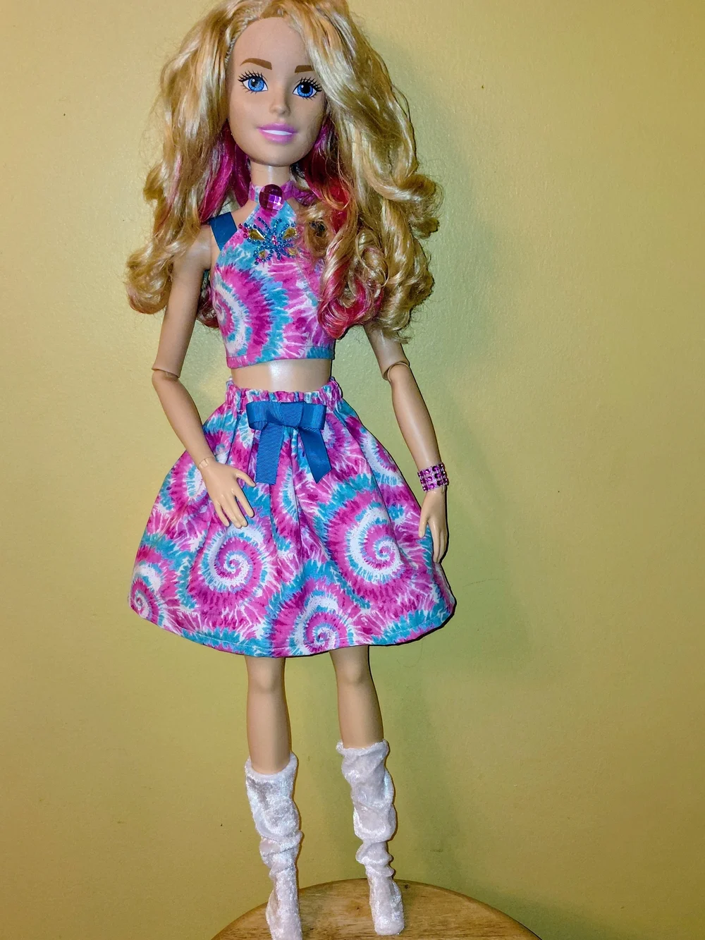Barbie DOLL+ HANDMADE Pink & Blue Tie-Dye SWIRL Two-Piece Dress, White Boots 28